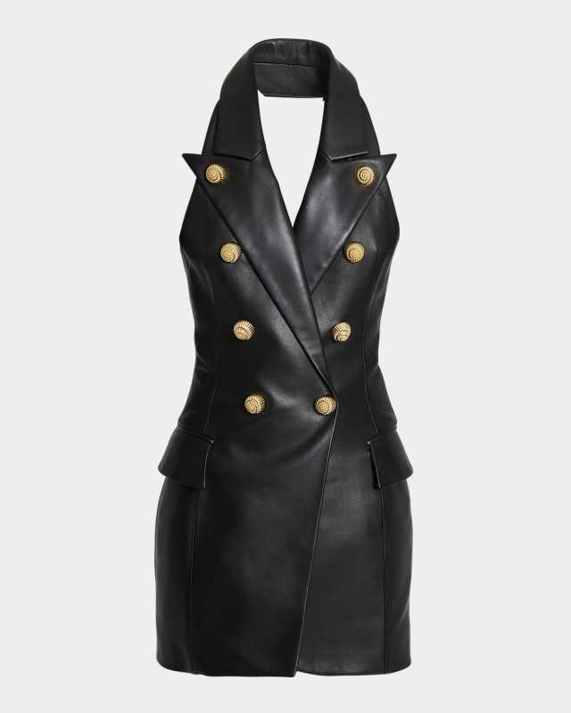 Halter-Neck Tailored Lambskin Leather Mini Dress